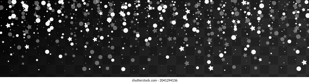Grey Stars Vector Panoramic Transparent Background. Overlay Christmas Snowflake Texture. Xmas Confetti Design. Falling Snowfall Pattern.