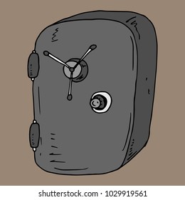 Grey steel safe with hinges. Closed safe with a handle and combination lock. Vector illustration.