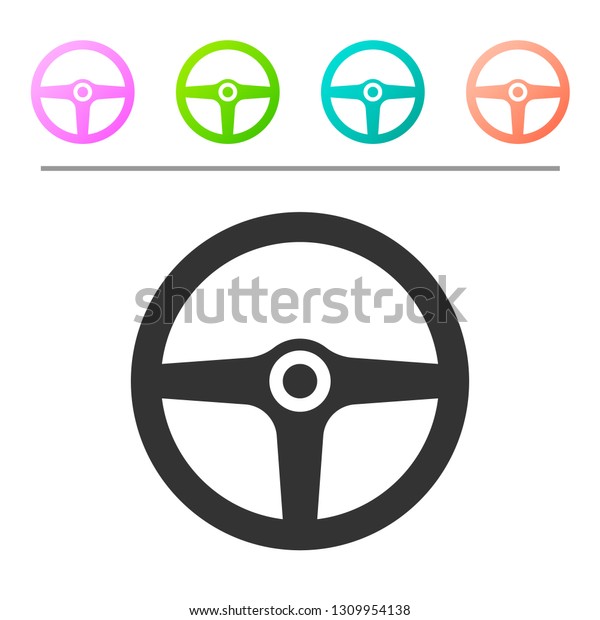 Grey\
Steering wheel icon isolated on white background. Car wheel icon.\
Set icon in color buttons. Vector\
Illustration