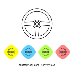Grey Steering wheel line icon isolated on white background. Car wheel icon. Set icon in color rhombus buttons. Vector Illustration