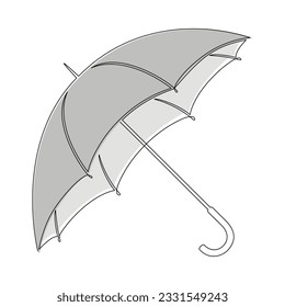 Grey stick umbrella icon vector. One line continuous drawing. Doodle illustration. Hand drawn linear silhouette. Graphic design, outline print, banner, card, poster, brochure, shop logo, sign, symbol.
