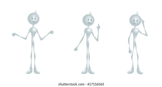 Grey stick-man mascot. 3d style in vector technology. Different emotions and poses: I can not help, I have an idea, I think.