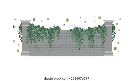 Grey stone brick wall supported by two classic columns and adorned with overflowing green ivy vines.