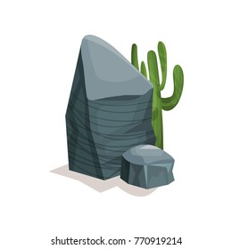 Grey stone and cactus, landscape design element vector Illustration