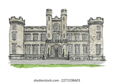 Grey stone castle, wedding venue, turrets, steps, Scottish. Watercolor sketch illustration. Isolated vector. 