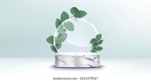 Grey stone marble cylinder podium mockup with eucalyptus plant branch with green leaves, transparent glass circle decorative shape in pastel colored room with floor and wall for product display.