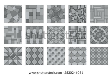 Grey stone street pavement patterns. Paving tile, cobblestone brick and stone floor samples top view. Vector concrete walkway, alley, outdoor patio repeat surface. Street gray garden sidewalk mosaic