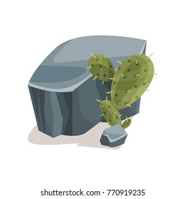Grey stones and cactus, landscape design element vector Illustration