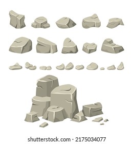 Grey stones. Mountain rock. Boulder wall. Rubble pile. Nature broken gravel texture. Concrete surface of big solid. Cracked cobbles set. Geological elements. Vector cartoon illustration