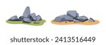 Grey stones on the ground, vector illustration in flat cartoon style isolated on white background. Simple icon cobblestone. Boulder or gem, part of rock. Objects for printed or game design