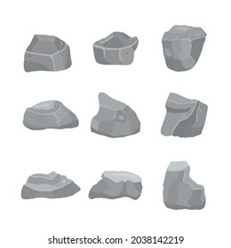 Grey stones set vector illustration isolated n white background. Different elements of mountains and rocks. Building material.