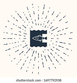 Grey Stop ocean plastic pollution icon isolated on beige background. Environment protection concept. Fish say no to plastic. Abstract circle random dots. Vector Illustration