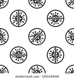 Grey Stop virus, bacteria, germs and microbe icon isolated seamless pattern on white background. Antibacterial and antiviral defence, protection infection.  Vector Illustration