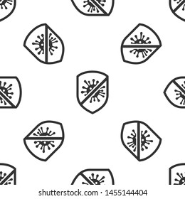 Grey Stop virus, bacteria, germs and microbe icon isolated seamless pattern on white background. Antibacterial and antiviral defence, protection infection.  Vector Illustration