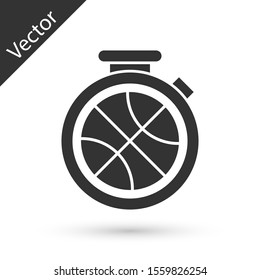 Grey Stopwatch with basketball ball inside icon isolated on white background. Basketball time. Sport and training.  Vector Illustration