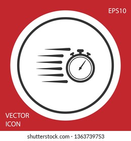 Grey Stopwatch icon isolated on red background. Time timer sign. Chronometer sign. White circle button. Vector Illustration