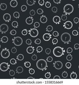 Grey Stopwatch icon isolated seamless pattern on black background. Time timer sign. Chronometer sign.  Vector Illustration