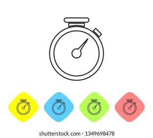 Grey Stopwatch line icon isolated on white background. Time timer sign. Set icon in color rhombus buttons. Vector Illustration