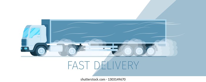 Grey Storage Delivery Truck Moving on Road Banner. Warehouse Fast Express Shipping Process. Side View of Supply Van Driving to Smoke from Under Wheel. Flat Cartoon Vector Illustration