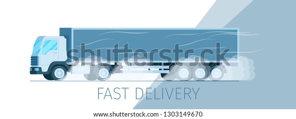 Grey\
Storage Delivery Truck Moving on Road Banner. Warehouse Fast\
Express Shipping Process. Side View of Supply Van Driving to Smoke\
from Under Wheel. Flat Cartoon Vector\
Illustration