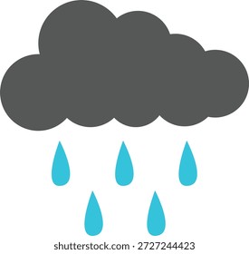 Graue Sturmwolke und blaue Regentropfen, Vektorgrafik. Minimalistisches Wettersymbol mit flacher Ästhetik mit sechs fallenden Tröpfchen einzeln auf weißem Hintergrund. Professionelle Grafik für Wetterbenachrichtigungs-Apps, Umweltmarken und Vinylschneiden.