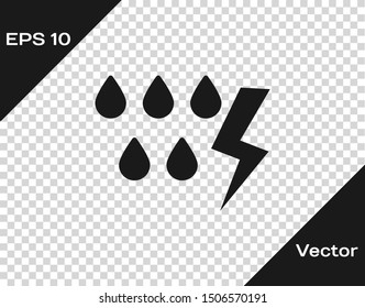 Grey Storm icon isolated on transparent background. Drop and lightning sign. Weather icon of storm.  Vector Illustration