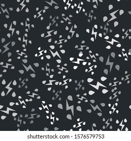 Grey Storm icon isolated seamless pattern on black background. Drop and lightning sign. Weather icon of storm.  Vector Illustration
