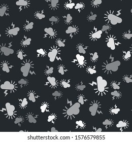 Grey Storm icon isolated seamless pattern on black background. Cloudy with lightning and sun sign. Weather icon of storm.  Vector Illustration