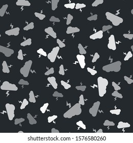 Grey Storm icon isolated seamless pattern on black background. Cloud and lightning sign. Weather icon of storm.  Vector Illustration