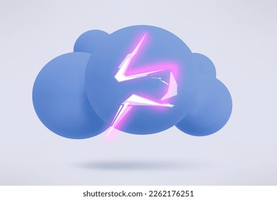 Grey stormy cloud with thunderbolt cartoon 3d style vector illustration isolated on white background