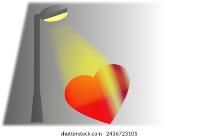 A grey street light illuminates a big red love and heart means one's heart or love is enlightened or illuminated because having the other one by side