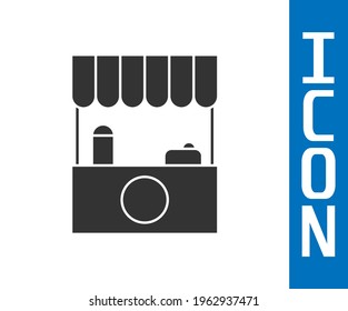 Grey Street stall with awning and wooden rack icon isolated on white background. Kiosk with wooden rack.  Vector Illustration