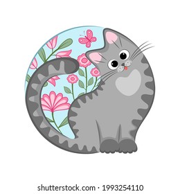 Grey striped cat with flowers and butterfly. Vector illustration.