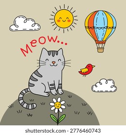 Grey striped cat sitting on green hill with meow text and sunny sky elements. Children illustration concept