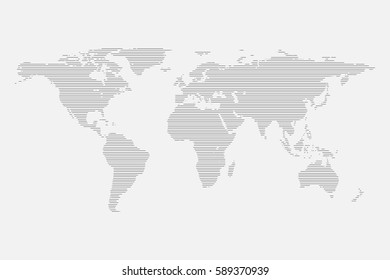 Grey striped World map vector isolated on background. Line Worldmap illustration. Stroke graphic.