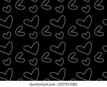 Formas de corazón de trazo gris diseño sin fisuras con tema de fondo oscuro. El corazón ama el diseño del Vector del patrón del doodle. Cariño. Devoción
