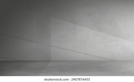 Grey Studio Background Wall Cement with floor ground,Concrete wall texture with light,shadow window effect,Vecor 3d Backdrop Empty Room mockup with copy space,Banner for cosmetic product presentation