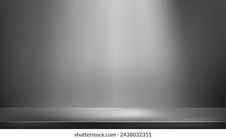 Grey Studio Room with Spot Light on Metallic Stainless Steel counter top,Backdrop Metal shelf texture with light reflect,Vector Display mockup of table top,Kitchen aluminium counter grey desk surface	