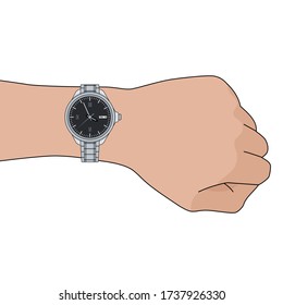 Grey сlassical stylish man wristwatch on hand. Vector flat illustration