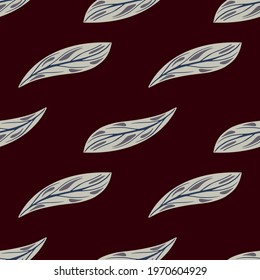 Grey stylized leaves seamless pattern in botany stylistic. Dark brown background. Contrast nature artwork. Perfect for fabric design, textile print, wrapping, cover. Vector illustration.