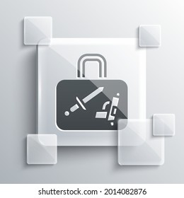 Grey Suitcase for travel icon isolated on grey background. Traveling baggage sign. Travel luggage icon. Square glass panels. Vector