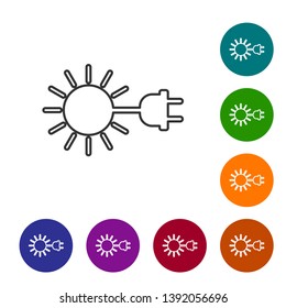 Grey Sun with electric plug line icon isolated on white background. Energy saving concept. Set icon in color circle buttons. Vector Illustration