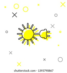 Grey Sun with electric plug line icon isolated on white background. Energy saving concept. Vector Illustration