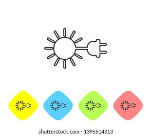 Grey Sun with electric plug line icon isolated on white background. Energy saving concept. Set icon in color rhombus buttons. Vector Illustration