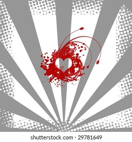 a grey sun rays background with a flourish red heart pattern in center