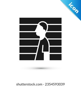 Grey Suspect criminal icon isolated on white background. The criminal in prison, suspected near the board.  Vector Illustration