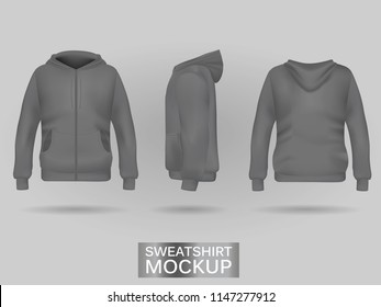 Grey sweatshirt hoodie template in three dimensions: front, side and back view, realistic gradient mesh vector. Clothes for sport and urban style