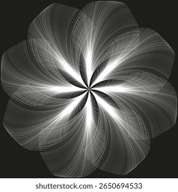 Grey swirl icon. Subtle vortex bloom. Elegant rotation Vector. Deep black background.