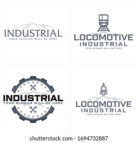 Grey symbol mountain train rail piston screw gear circle emblem vintage logo design suitable for industrial maintenance locomotives repairs business outdoor nature transportation