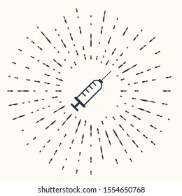 Grey Syringe icon isolated on beige background. Syringe for vaccine, vaccination, injection, flu shot. Medical equipment. Abstract circle random dots. Vector Illustration